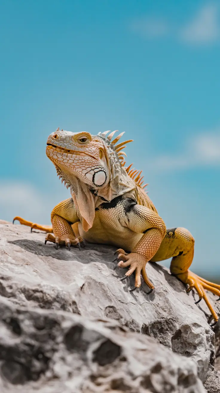 A lone rhinoceros iguana basks on sun-warmed limestone under a cloudless blue sky, its textured skin glowing against the pale rock.