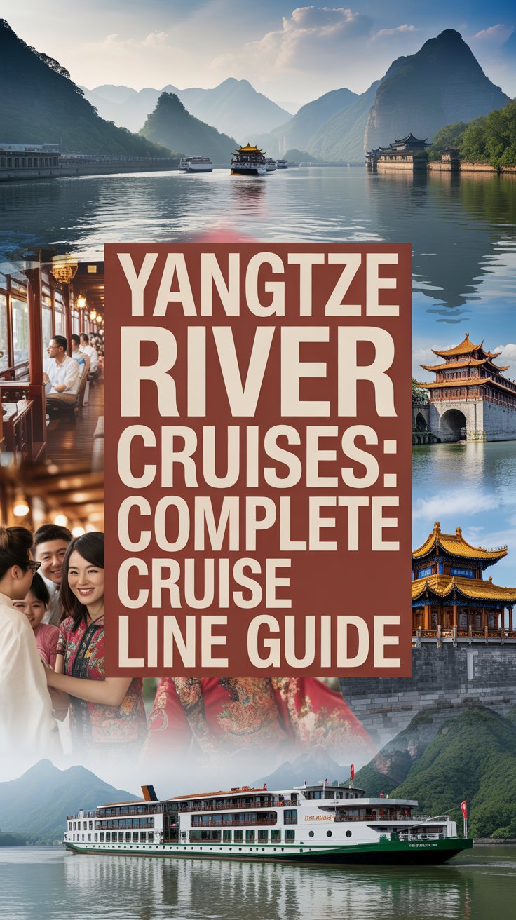 A vibrant travel ad for Yangtze River Cruises featuring a dynamic collage of misty mountains, ancient temples, traditional Chinese junks, luxury cruise interiors, and smiling passengers. Warm lighting, a silk pattern overlay, and bold central text emphasize adventure, luxury, and cultural immersion. Alt Tag: Travel advertisement for Yangtze River Cruises featuring scenic landscapes, traditional boats, luxurious interiors, and cultural elements with bold central branding.