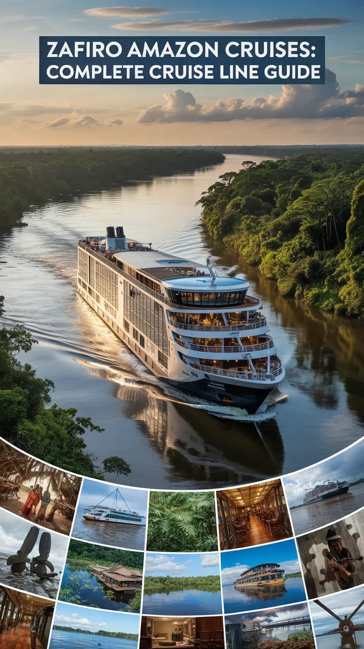 A vibrant travel poster for "Zafiro Amazon Cruises: Complete Cruise Line Guide" showcases a luxurious cruise ship sailing through the Amazon River beneath lush rainforest canopy, surrounded by a collage highlighting Amazon wildlife, culture, and scenery. Alt Tag: Luxurious river cruise ship on the Amazon surrounded by vibrant rainforest, wildlife, and cultural imagery promoting Zafiro Amazon Cruises.
