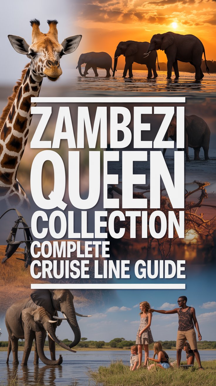 A vibrant, lifestyle advertisement for the "Zambezi Queen Collection" showcasing a curated collage of images depicting luxury African wildlife experiences, including a close-up of a giraffe's patterned neck, a herd of elephants silhouetted against a fiery sunset, and a family enjoying a riverside picnic. The composition is bathed in warm, golden light, emphasizing the richness and natural beauty of the Zambezi River region, with a slightly blurred background to maintain focus on the stunning visuals. Dominating the top center is a large, clean white box containing the bold text "Zambezi Queen Collection: Complete Cruise Line Guide" in a thick, modern font, creating immediate visual impact and conveying a sense of exclusivity and adventure while maintaining a clean, sophisticated aesthetic. The overall mood is aspirational and luxurious, designed to entice potential travelers with the promise of an unforgettable African river cruise experience.