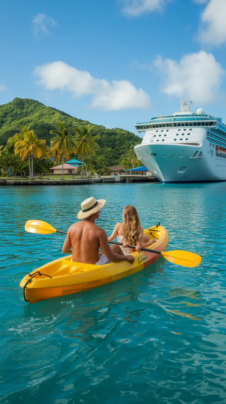 A smiling couple paddles a bright yellow kayak through crystal-clear turquoise waters with lush green hills in the background; a white cruise ship gleams under the tropical sun at the vibrant Amber Cove port, framed by gently swaying palm trees.