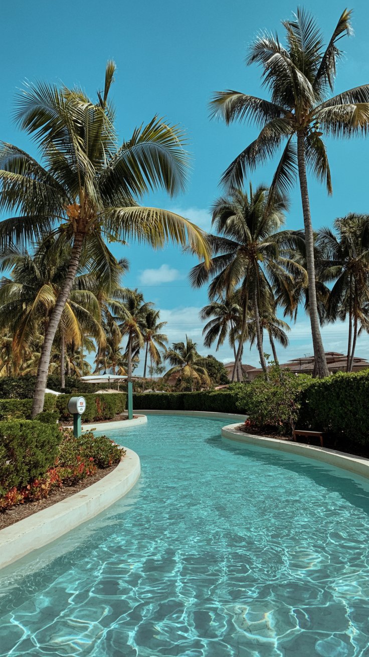 A crystal-clear lazy river curves beneath swaying palm trees, sunlight dancing on the water’s surface under a cloudless blue sky.