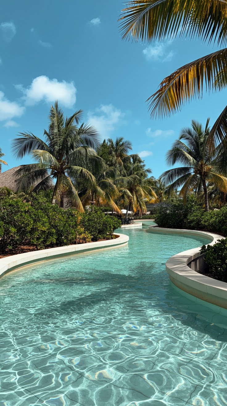 A crystal-clear lazy river curves beneath swaying palm trees, sunlight dancing on the water’s surface under a cloudless blue sky.