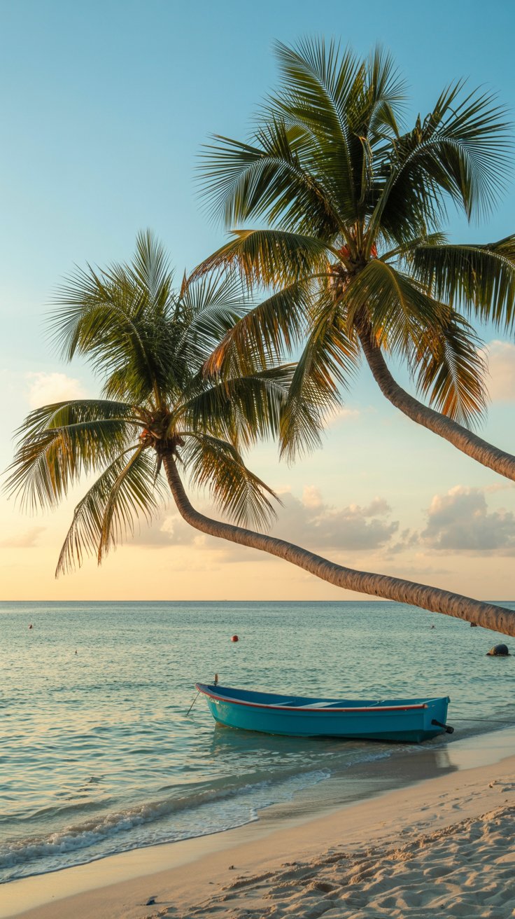 A serene stretch of powdery white sand curves gently along turquoise waters, where two palm trees lean gracefully toward the sea, casting delicate shadows. A vibrant aqua-blue boat rests at the water's edge, gently bobbing in the calm surf under a golden, late-afternoon sky.