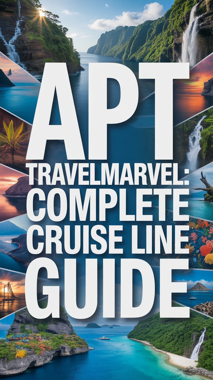A travel magazine cover in a vibrant, illustrative style showcasing "APT Travelmarvel: Complete Cruise Line Guide" in a large, bold white box centered at the top. The text is thick and distinctive, immediately drawing the viewer’s eye, while a dynamic collage of tropical destinations surrounds the box, featuring close-ups of lush rainforests, cascading waterfalls, and colorful coral reefs teeming with life. The background is a seamless blend of deep blues and greens, evoking the serenity and allure of exotic travel destinations, with subtle sunlight filtering through the imagery. The overall impression is one of adventure and discovery, beckoning the viewer to explore the world’s wonders.