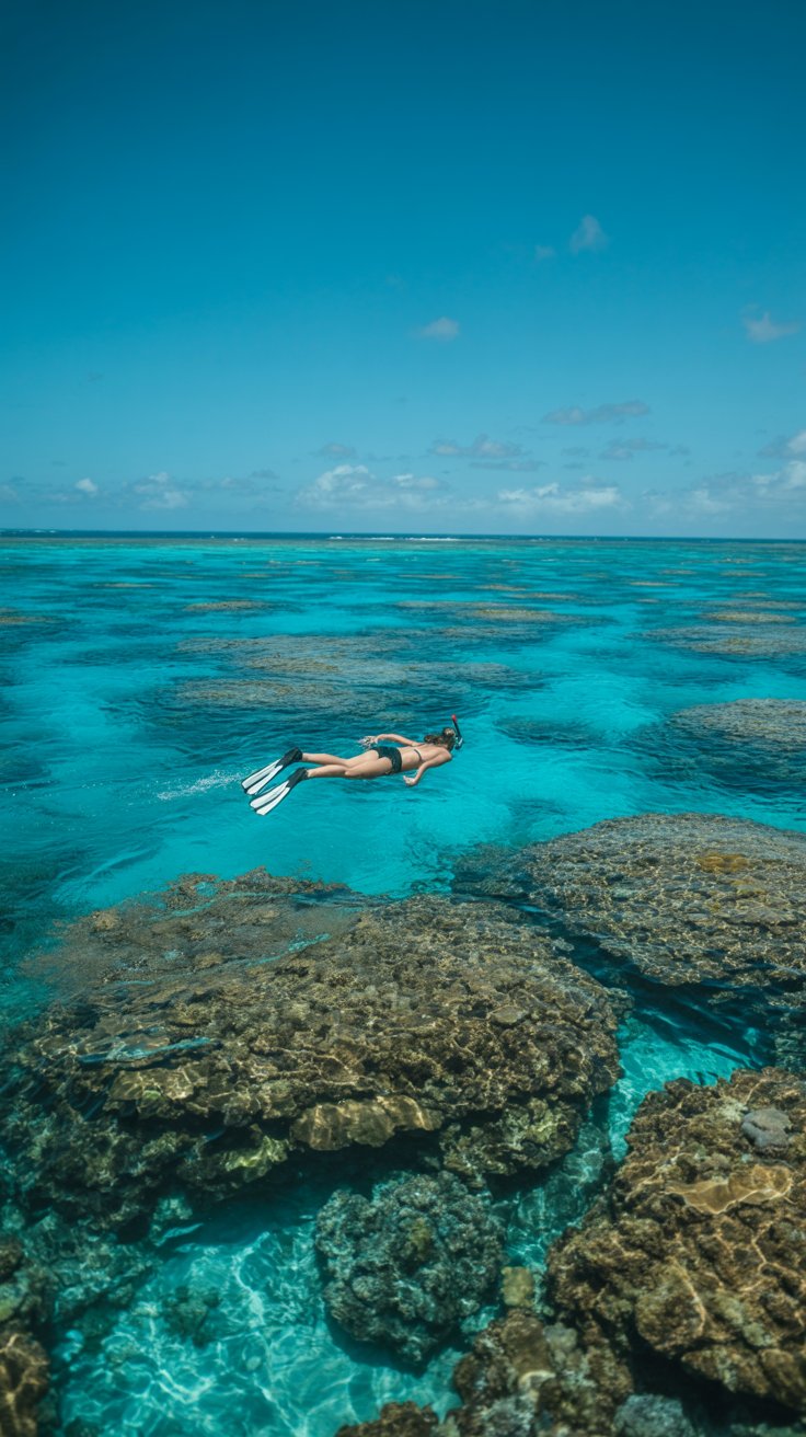A lone snorkeler glides over a vibrant coral reef in crystal-clear turquoise waters under a bright blue sky with sunlight dancing on the ocean's surface.