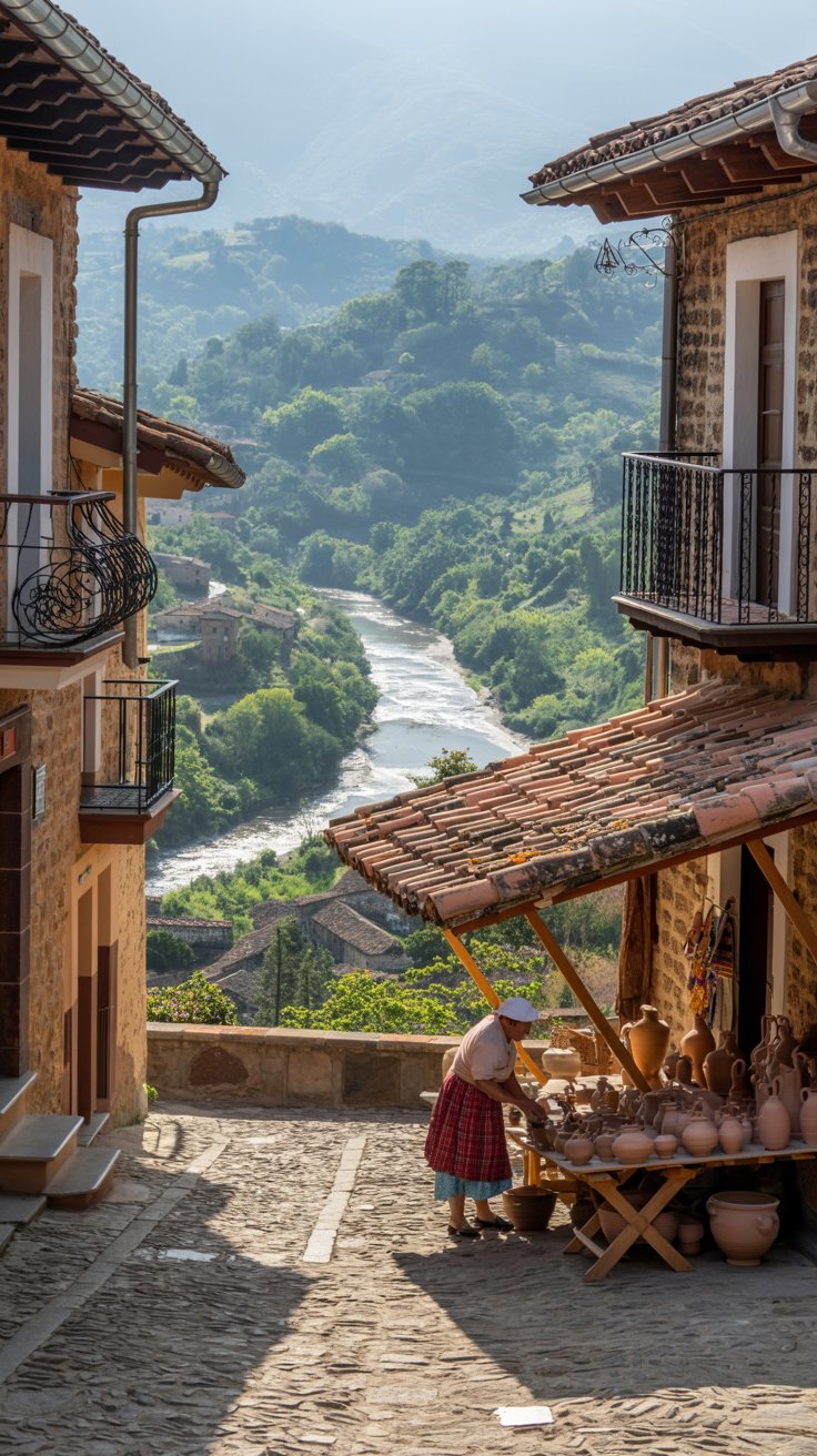 A cobblestone pathway winds through a sunlit plaza, flanked by rustic stone buildings with terracotta roofs and wrought-iron balconies. In the background, the Chavón River curves through lush, green hills. A local artisan in traditional attire arranges handcrafted pottery on a wooden stall shaded by a clay-tiled awning.