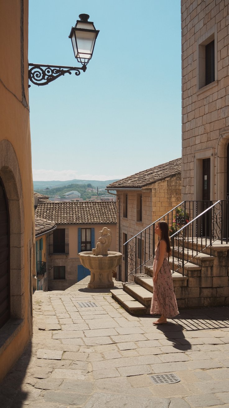 A cobblestone pathway winds through a sunlit plaza, flanked by rustic stone buildings with terracotta roofs and wrought-iron balconies. In the background, the Chavón River curves through lush, green hills. A local artisan in traditional attire arranges handcrafted pottery on a wooden stall shaded by a clay-tiled awning.