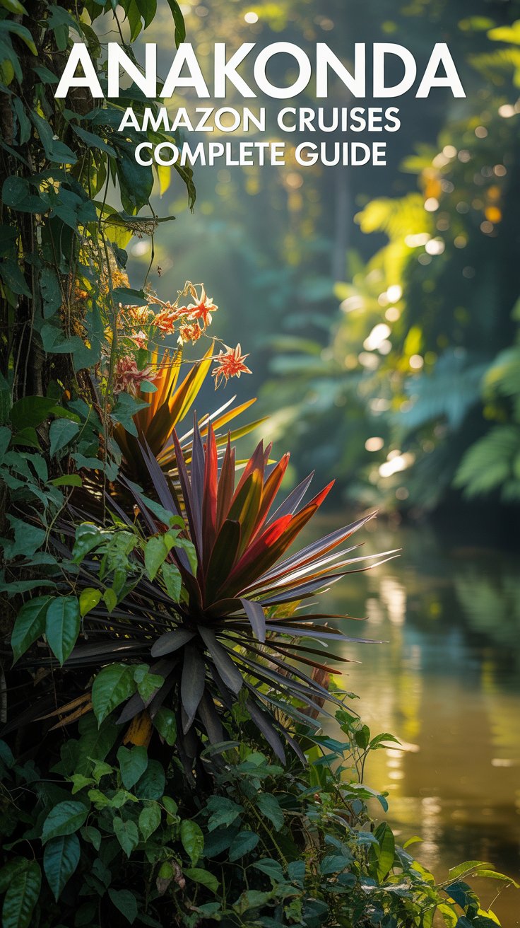 A vibrant travel poster advertising "Anakonda Amazon Cruises: Complete Guide". The centerpiece is a lush, dense tangle of Amazon rainforest foliage, vibrant green with dappled sunlight filtering through the canopy. Within this dense foliage, exotic flowers in shades of crimson, gold, and deep violet burst forth, creating a kaleidoscope of color. The background is a blurred suggestion of the Amazon river, lit with a warm, golden hour glow, providing a sense of depth and adventure.