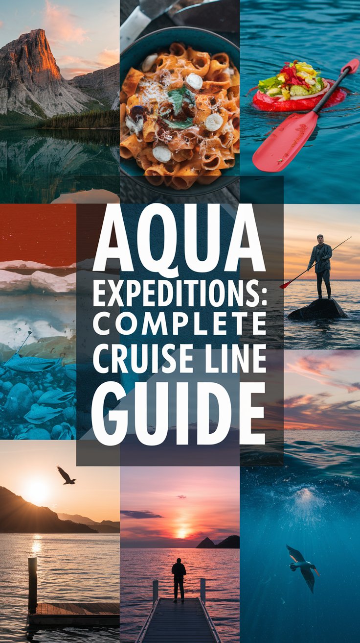 A collage of vibrant images surrounding the big text overlay of "Aqua Expeditions: Complete Cruise Line Guide". The images include a scenic landscape of mountains and water, a dish of pasta, a person holding a paddle in a body of water, a person standing on a rock in the middle of a body of water, a person holding a fishing rod, a sunset over a body of water, a person standing on a dock, and a bird flying over a body of water.