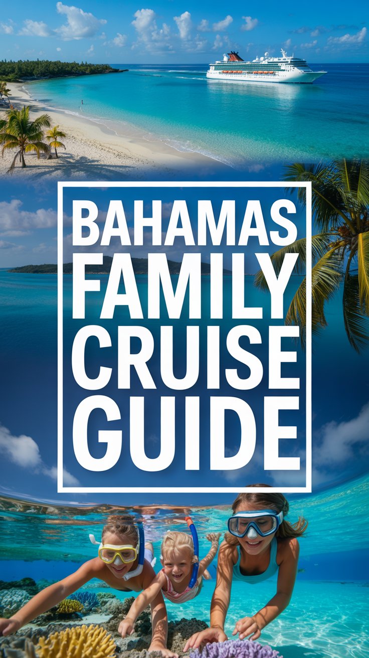 A vibrant lifestyle advertisement promoting a "Bahamas Family Cruise Guide" designed to evoke a sense of adventure and relaxation. The image showcases a dynamic collage of scenes: a turquoise ocean with a luxury cruise ship in the distance, a pristine white-sand beach with palm trees, and a joyful family snorkeling amidst colorful coral reefs, all bathed in warm, tropical sunlight. Overlaying this picturesque scene, a large, bold white box prominently displays the text "Bahamas Family Cruise Guide" in a clean, sans-serif font, ensuring maximum visibility and instantly communicating the guide's purpose, fostering a carefree and aspirational mood perfect for families dreaming of a tropical getaway. The overall aesthetic is bright, inviting, and professionally polished, conveying a high-quality travel resource and enticing potential customers to explore the wonders of the Bahamas.