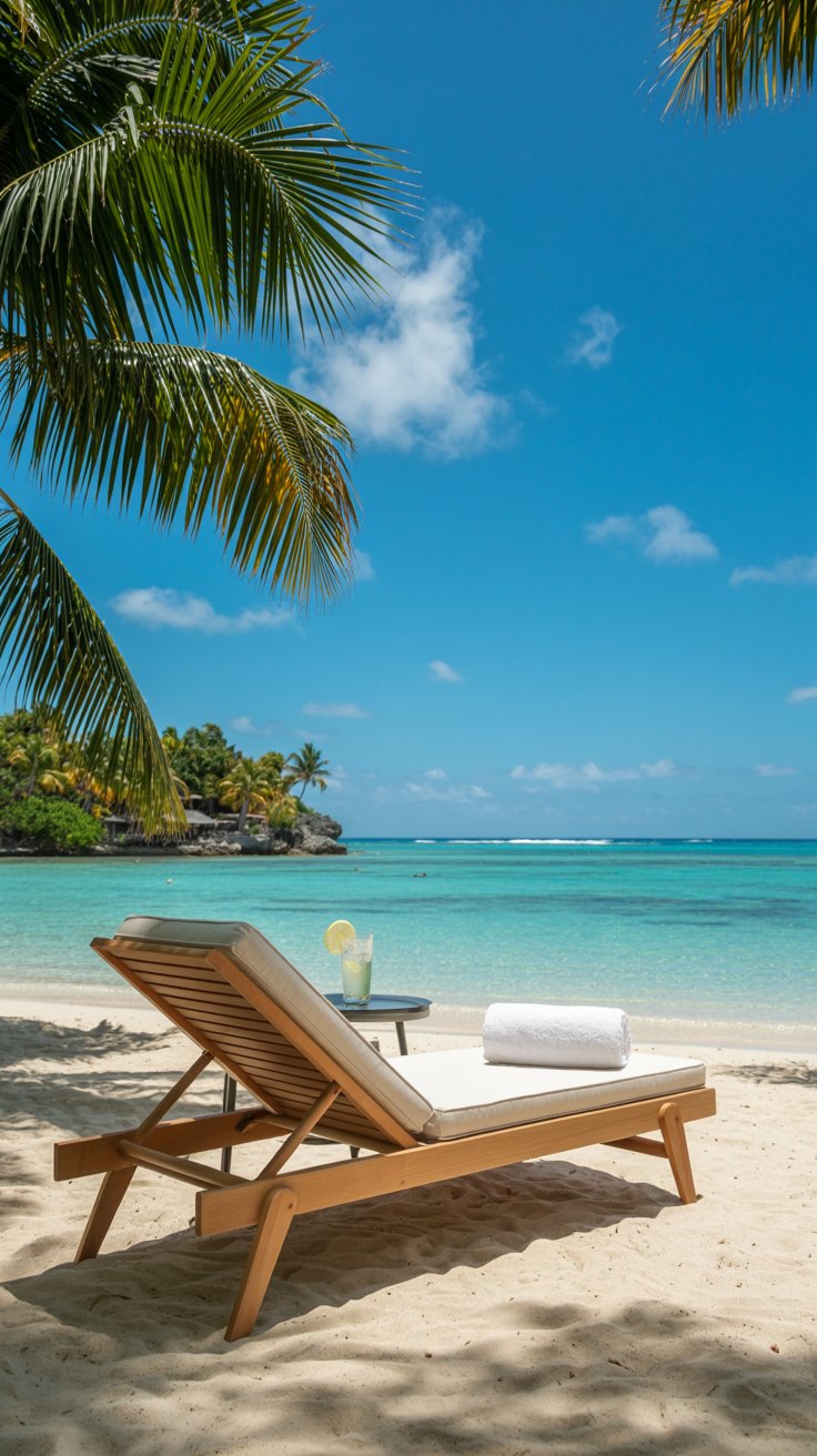 A photograph of the Casa de Campo luxury resort, showcasing a pristine white sand beach. A single, elegant teak sun lounger sits angled toward the turquoise ocean, adorned with a plush, white towel and a small glass of sparkling lemonade. Lush palm trees sway gently in the background, framing the scene while the bright sunlight reflects off the calm, clear water. The sky is a vibrant blue with a few fluffy white clouds completing the idyllic tropical paradise.