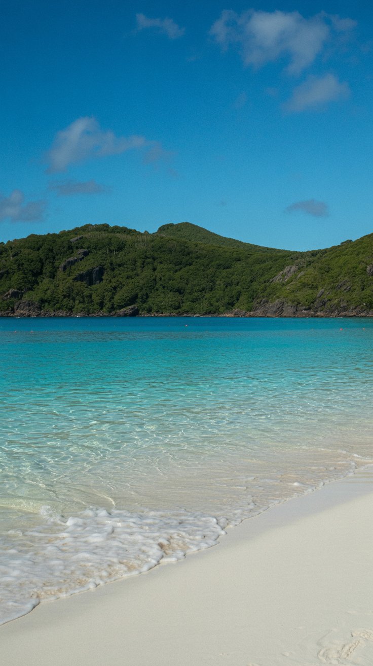 A high-end camera captures a bright, sunny day at Trunk Bay with crystal-clear turquoise water, soft white sand, and lush green hills in the background.