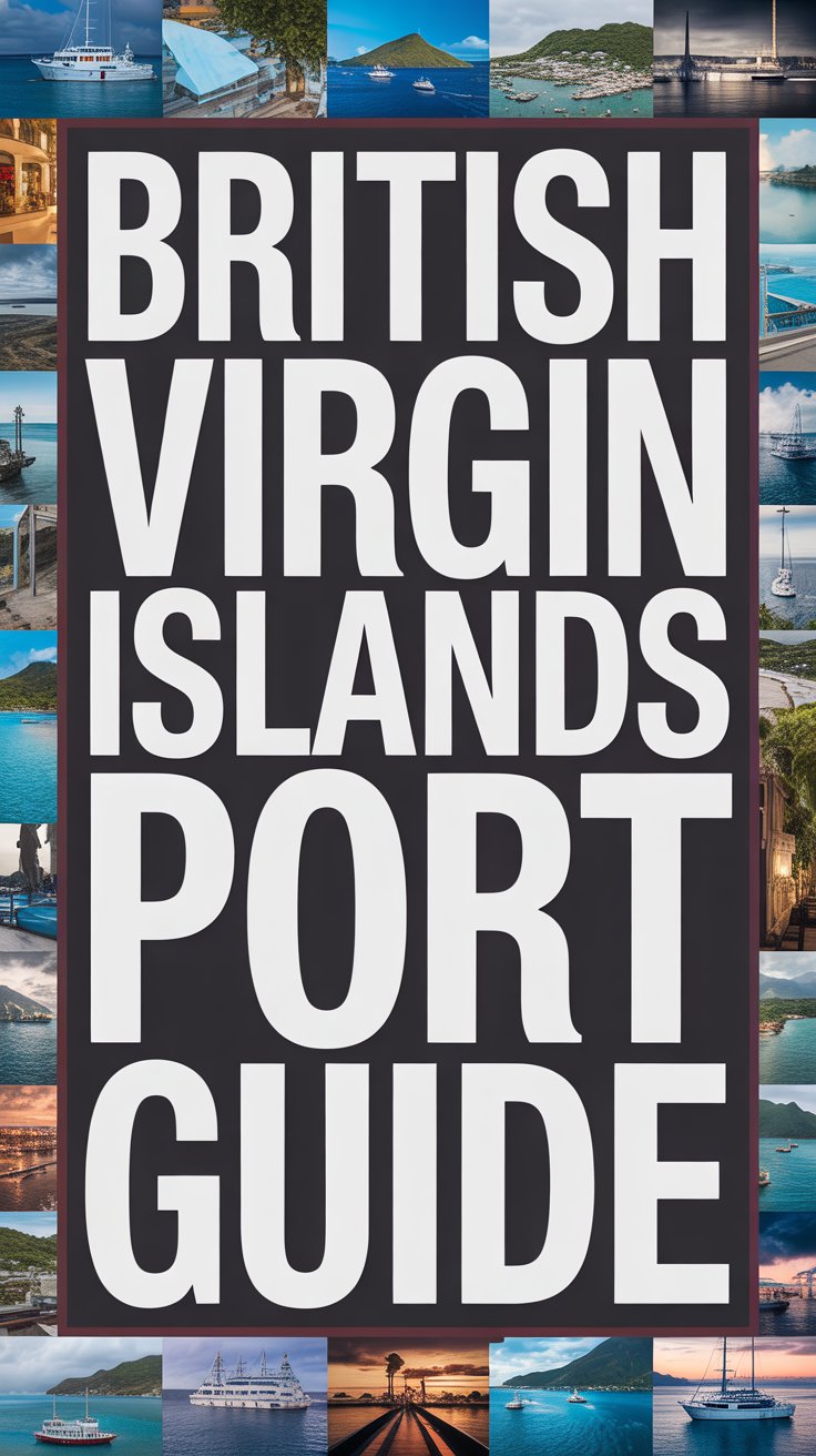 Big text overlay: British Virgin Islands Port Guide. It's designed to immediately grab attention with its thick, distinctive lettering set prominently in a big box, utilizing a simple yet striking bold white color for maximum visibility. Surrounding this eye-catching typography, a collage of vibrant images. No other text.