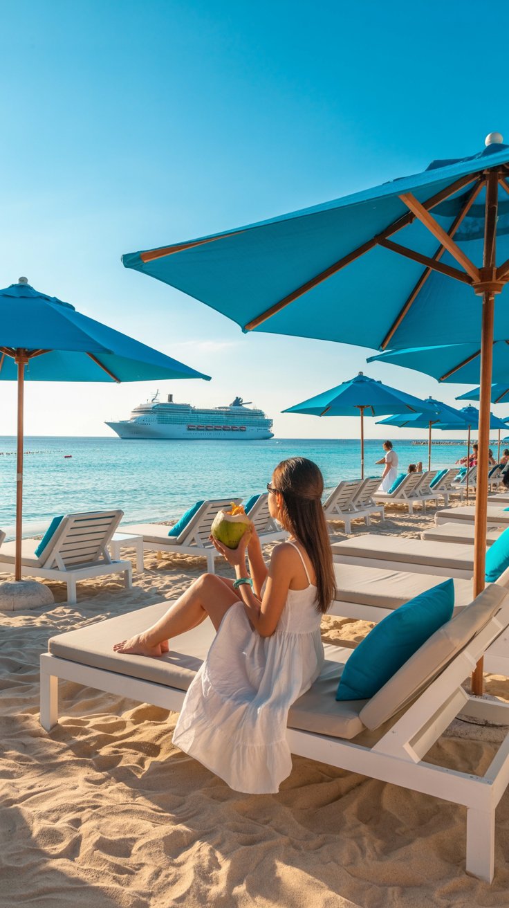 A photograph of a luxurious beach club in Punta Cana, featuring plush white lounge chairs and vibrant turquoise umbrellas arranged along the pristine sand. A young woman in a flowing white sundress is seated on one of the lounge chairs, sipping from a coconut drink. In the distant background, a large cruise ship cuts a white streak across the clear blue ocean, framed by a bright sunny sky. The warm sunlight casts long shadows and creates a sense of idyllic relaxation.