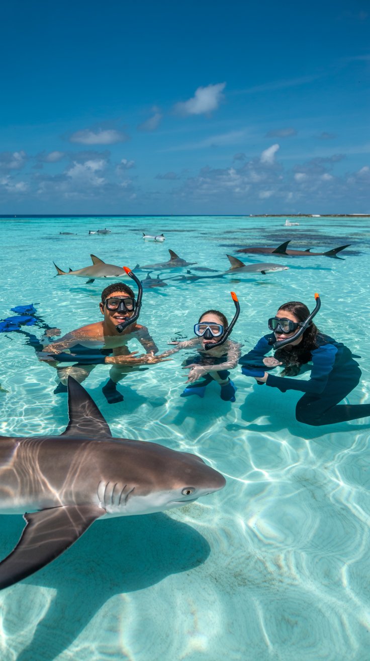 Crystal-clear Caribbean waters with vibrant coral, colorful fish, stingrays, sharks, snorkelers, and guides in a tropical paradise.