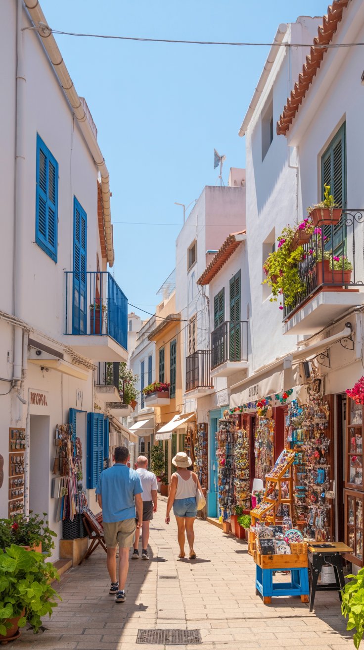 A photograph of a charming narrow street in Ibiza's old town lined with vibrant storefronts. The whitewashed buildings have bright blue shutters and terracotta tiled roofs, and each shop boasts colorful displays of local crafts and souvenirs. A few locals and tourists casually stroll along the cobblestone street bathed in the warm light of a bright sunny day, creating a lively atmosphere. The scene is framed by lush green potted plants and overflowing flower boxes, enhancing the beauty of the picturesque Mediterranean setting.