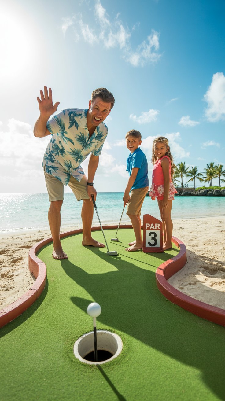 A photograph of a happy father playfully gesturing as he lines up a putt on a vibrant mini golf course. He is wearing a Hawaiian shirt and khaki shorts, smiling warmly at his two children, a boy of 13 and a girl of 10, who are watching intently from beside him. The mini golf course is situated on a pristine white sand beach of a cruise ship private island, with turquoise water and palm trees visible in the background. Bright sunlight illuminates the scene, casting a cheerful glow and highlighting the "PAR 3" sign beside the hole.