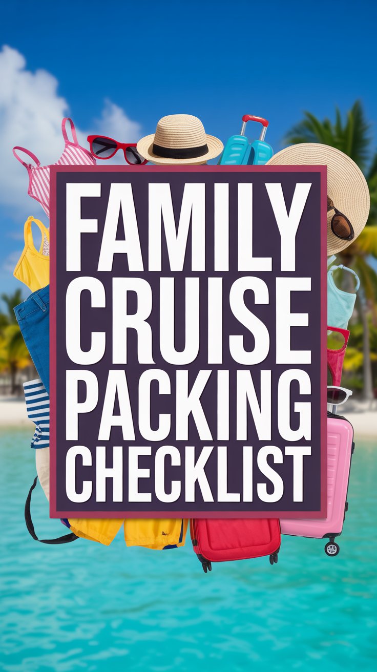 A vibrant and engaging infographic-style poster for a family cruise, centered around the large text overlay "Family Cruise Packing Checklist". The text is boldly displayed within a rectangular box with thick, white lettering, positioned centrally on the poster. Surrounding the text is a dynamic collage of brightly colored images depicting essential cruise items such as swimwear, sunscreen, sunglasses, hats, beach towels, and small suitcases arranged in a playful, organized manner. The background features a blurred, tropical beach scene with turquoise water and palm trees, subtly suggesting a relaxing and adventurous vacation.