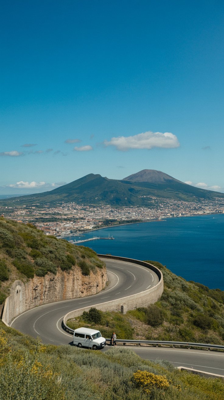 A winding road snakes up the sunlit slopes of Mount Vesuvius, with a small tour van climbing steadily, the Bay of Naples shimmering in the distance under a clear blue sky.