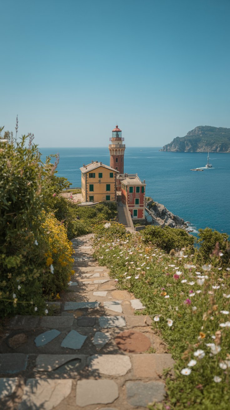 A sunlit stone path winds toward the Portofino lighthouse, framed by wildflowers and the shimmering blue sea beyond.