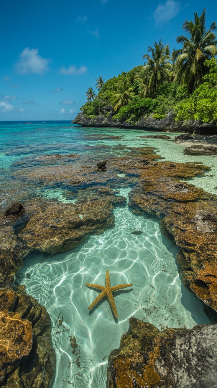 Tropical beach with crystal-clear turquoise waters, vibrant coral reefs, sandy shores, palm trees, and colorful fish in a secluded snorkeling cove.
