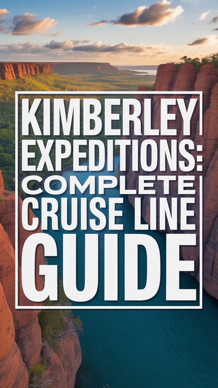 A vibrant travel poster advertising "Kimberley Expeditions: Complete Cruise Line Guide". The text is boldly presented within a large, rectangular box with thick white lettering that commands attention against a dynamic background. Behind the text, a captivating collage showcases diverse landscapes of the Kimberley region including rugged red cliffs, lush tropical rainforests, and sparkling turquoise waters. The composition uses a panoramic perspective emphasizing the vastness and beauty of the destination, bathed in warm, golden sunlight to evoke a sense of adventure and discovery.