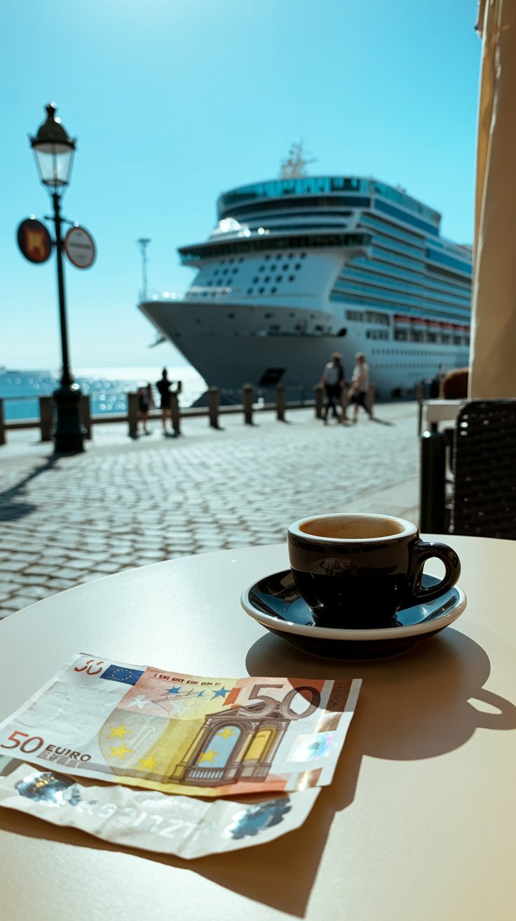 A crisp euro note rests on a café table beside a small espresso cup, sunlit cobblestones and a cruise ship glimmering in the background on a bright, clear day.
