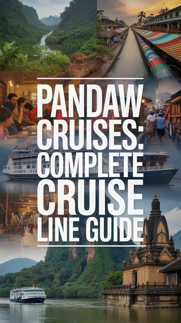 A vibrant, collage-style advertisement for Pandaw Cruises focuses on showcasing the diverse destinations offered, foregoing an image of a cruise ship itself. The composition features a dynamic arrangement of high-resolution images: a lush rainforest canopy, a bustling Asian marketplace, a serene riverbank village, and an ancient temple facade, all framed within a subtly blurred, earthy-toned background. Overlaying this collage in a prominent, centrally-placed box is the bold white text "Pandaw Cruises: Complete Cruise Line Guide," ensuring immediate visibility and impact, utilizing a thick, sans-serif font. The overall aesthetic is adventurous and immersive, conveying a sense of discovery and cultural richness, perfectly aligning with the brand's unique expedition cruise experience.