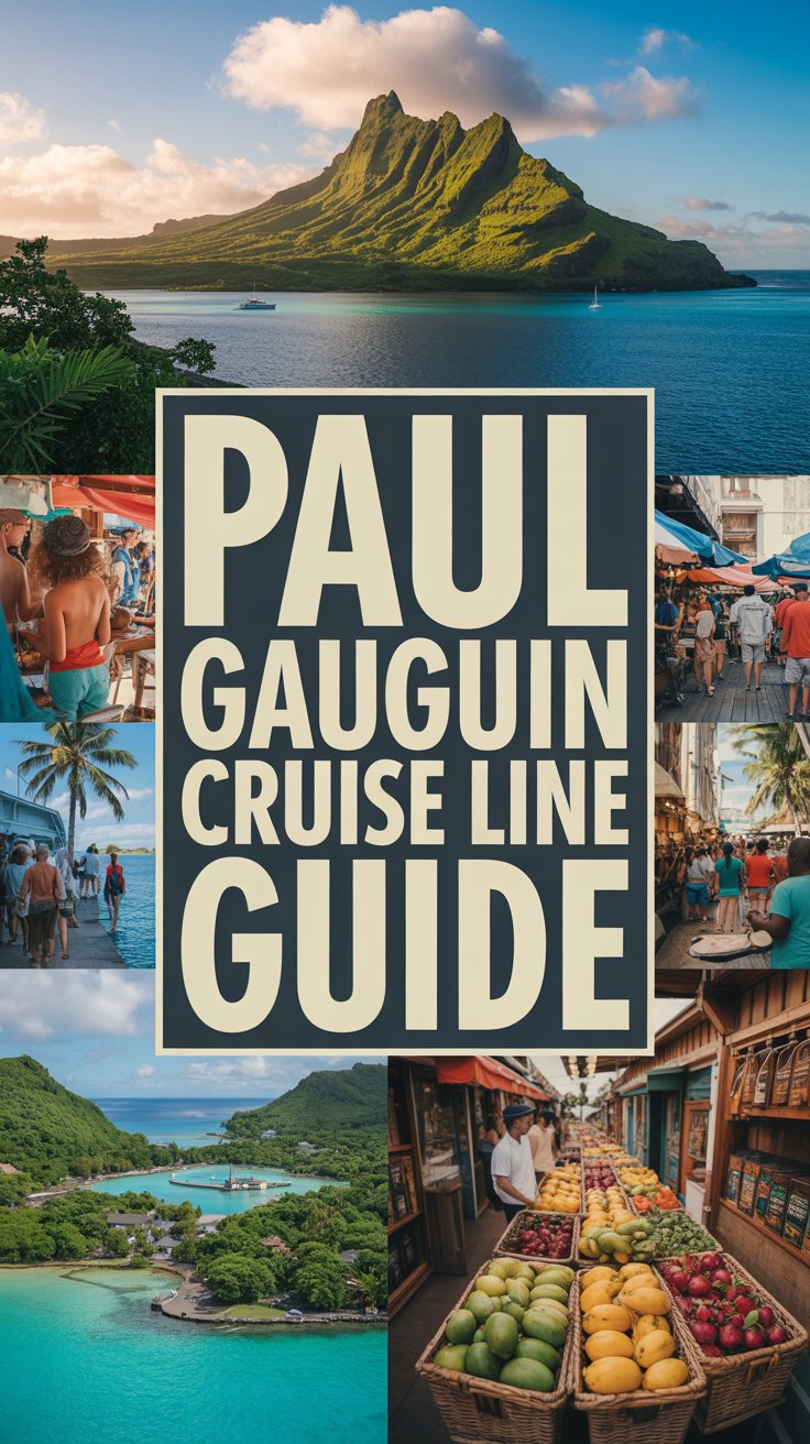 A travel poster in a vintage advertising style featuring a large, bold box with the text "Paul Gauguin Cruise Line Guide" prominently displayed in a striking white typeface. The box sits centered against a vibrant, dynamic collage of photographs showcasing lush Tahitian landscapes: turquoise lagoons, volcanic peaks draped in emerald foliage, and bustling local markets overflowing with exotic fruits and flowers. The collage creates a sense of wanderlust and adventure, with the overall composition evoking a feeling of sun-drenched paradise and cultural richness, bathed in warm, diffused sunlight. The images blend seamlessly, suggesting a curated journey through the islands, inviting exploration of Gauguin's beloved South Pacific.