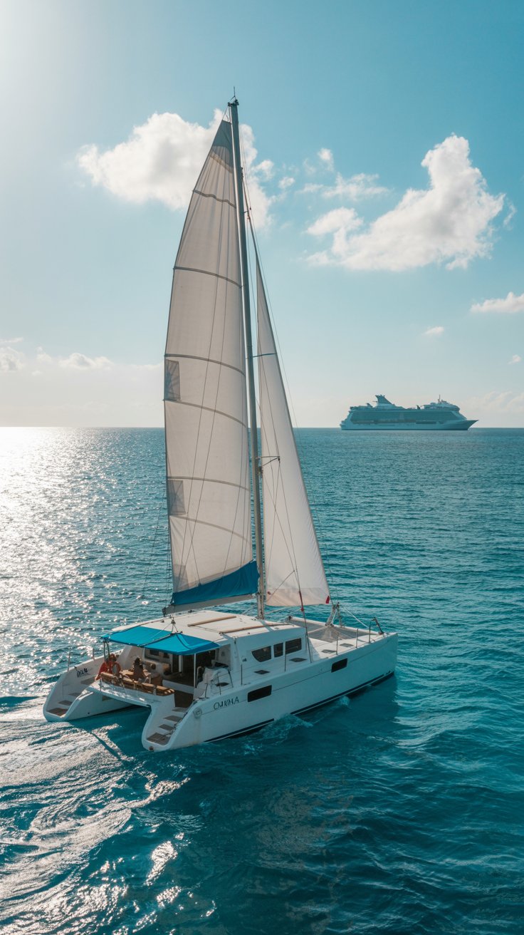 A photograph of a sleek, white catamaran sailing on the turquoise waters off the coast of Punta Cana. The catamaran has bright blue trim and a partially unfurled sail, cutting smoothly through the gentle waves beneath a clear, sunny sky. In the far distance, a large cruise ship is visible on the horizon, its white hull gleaming in the bright sunlight. The water sparkles with reflected sunlight, and a few fluffy white clouds drift lazily across the blue sky.