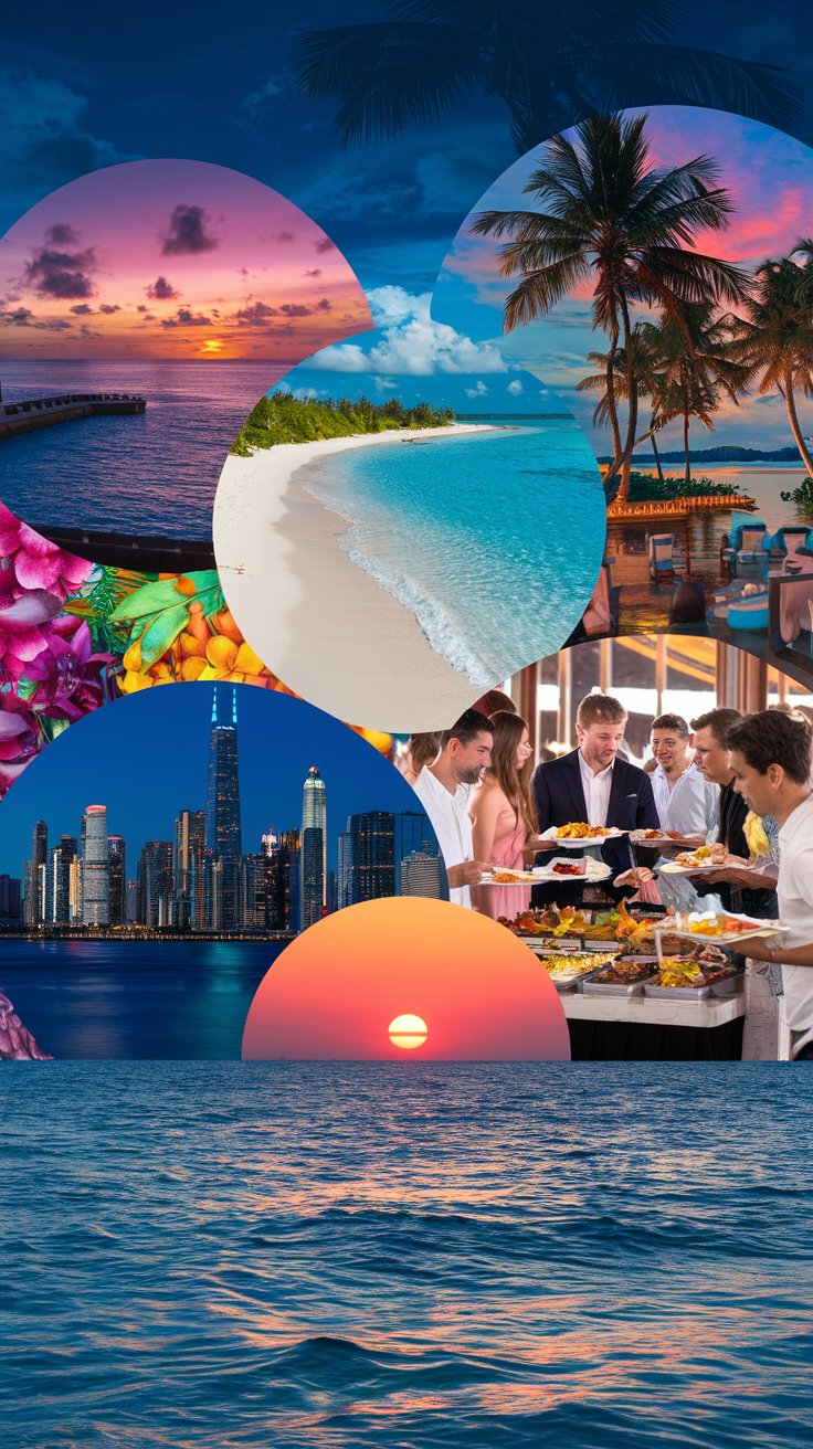 A photo of a collage with vibrant images. There's a sunset over the ocean, a white sand beach with blue water, a tropical paradise with palm trees, a city skyline at night, and a group of people enjoying a lavish buffet. The images are arranged in a circle, with the sun setting over the ocean at the bottom. The background is a deep blue.