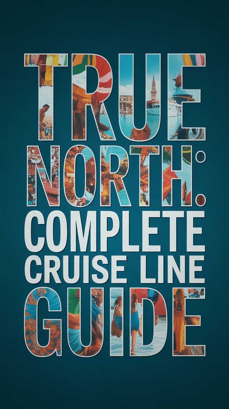 A striking travel poster showcasing a vibrant, textured collage of global destinations. The dominant element is a large, bold box containing the text "TRUE NORTH: Complete Cruise Line Guide" in thick, white lettering, positioned slightly off-center. Within the collage, glimpses of exotic locations like bustling Moroccan marketplaces, serene Japanese gardens, and vibrant Brazilian carnivals are artfully arranged, each image slightly overlapping the other to create a sense of adventure and discovery. The background is a deep, saturated teal, allowing the bright colors of the collage and the bold white text to pop, evoking a feeling of wanderlust and excitement.