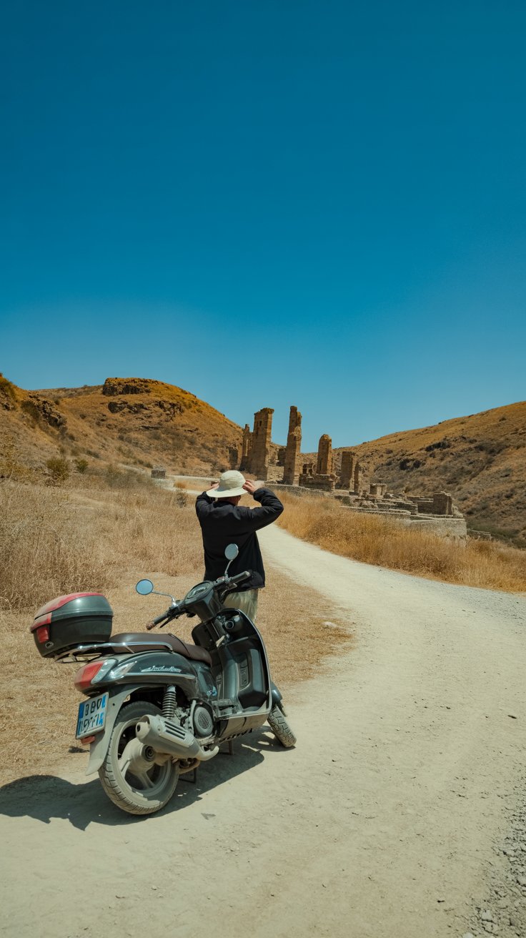 A lone traveler shields their eyes from the mid-morning sun beside a dusty scooter on a winding path, with dry hills and distant ancient stone ruins under a bright blue sky.
