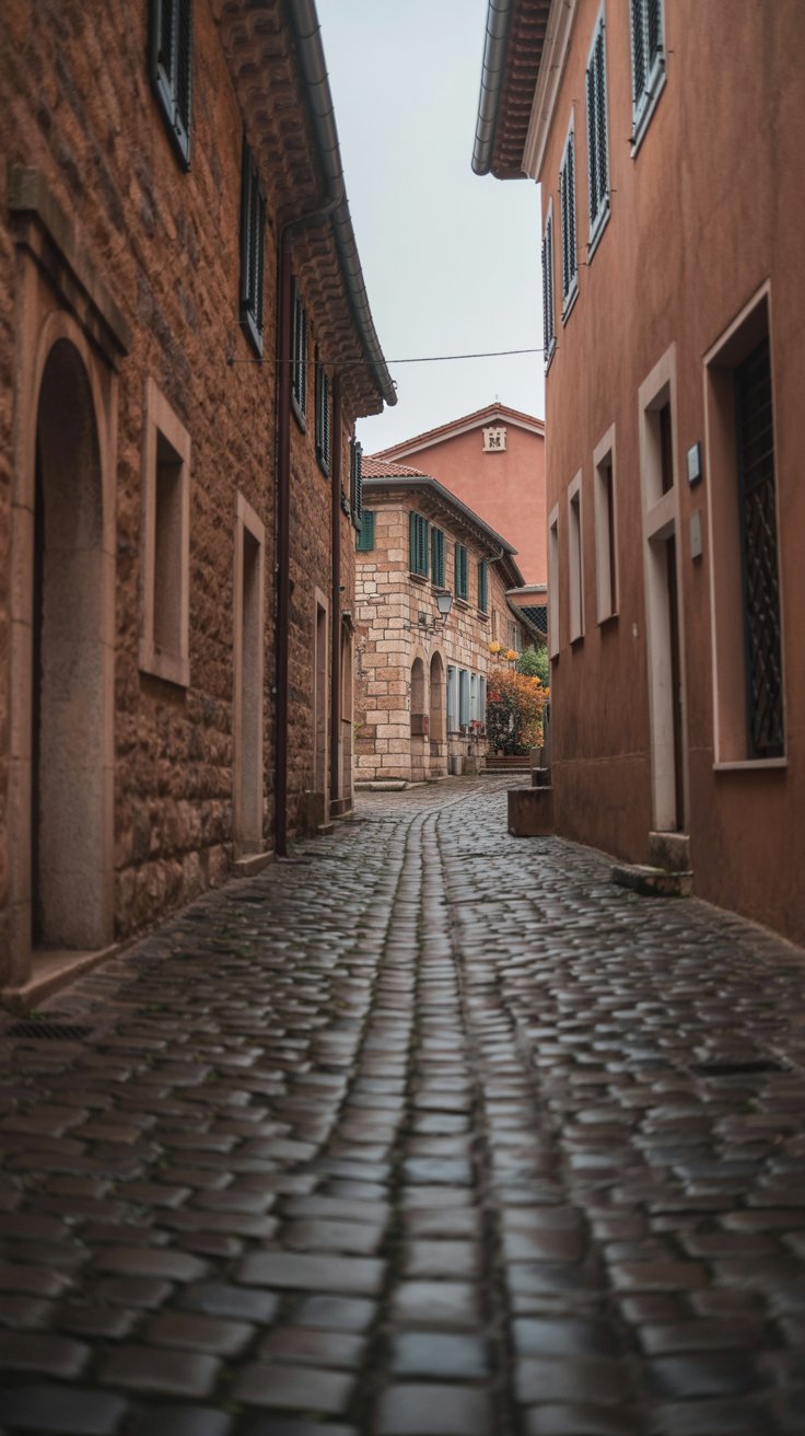 Wet cobblestone streets reflecting ancient stone textures, viewed from a low, wide-angle perspective in a rustic village.