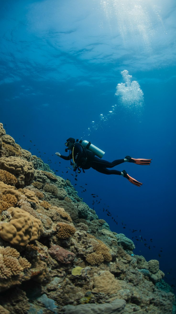 A crystal-clear diver glides above vibrant coral near The Wall at Catalina Island, bathed in golden sunlight beneath a bright blue sky.