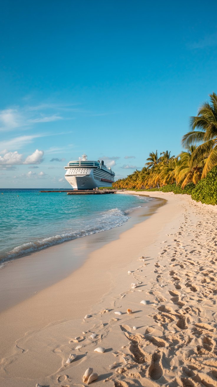 A photograph of a pristine, white-sand beach in Punta Cana, Dominican Republic, with turquoise water gently lapping the shore. A luxurious cruise ship, its hull gleaming white and red, is visible in the far distance, creating a sense of scale against the expansive horizon. The bright, sunny day casts a warm golden light across the scene, highlighting the vibrant blue of the ocean and the lush green palm trees lining the beach. Scattered seashells and the faint impression of footprints in the sand complete the idyllic tropical vista.