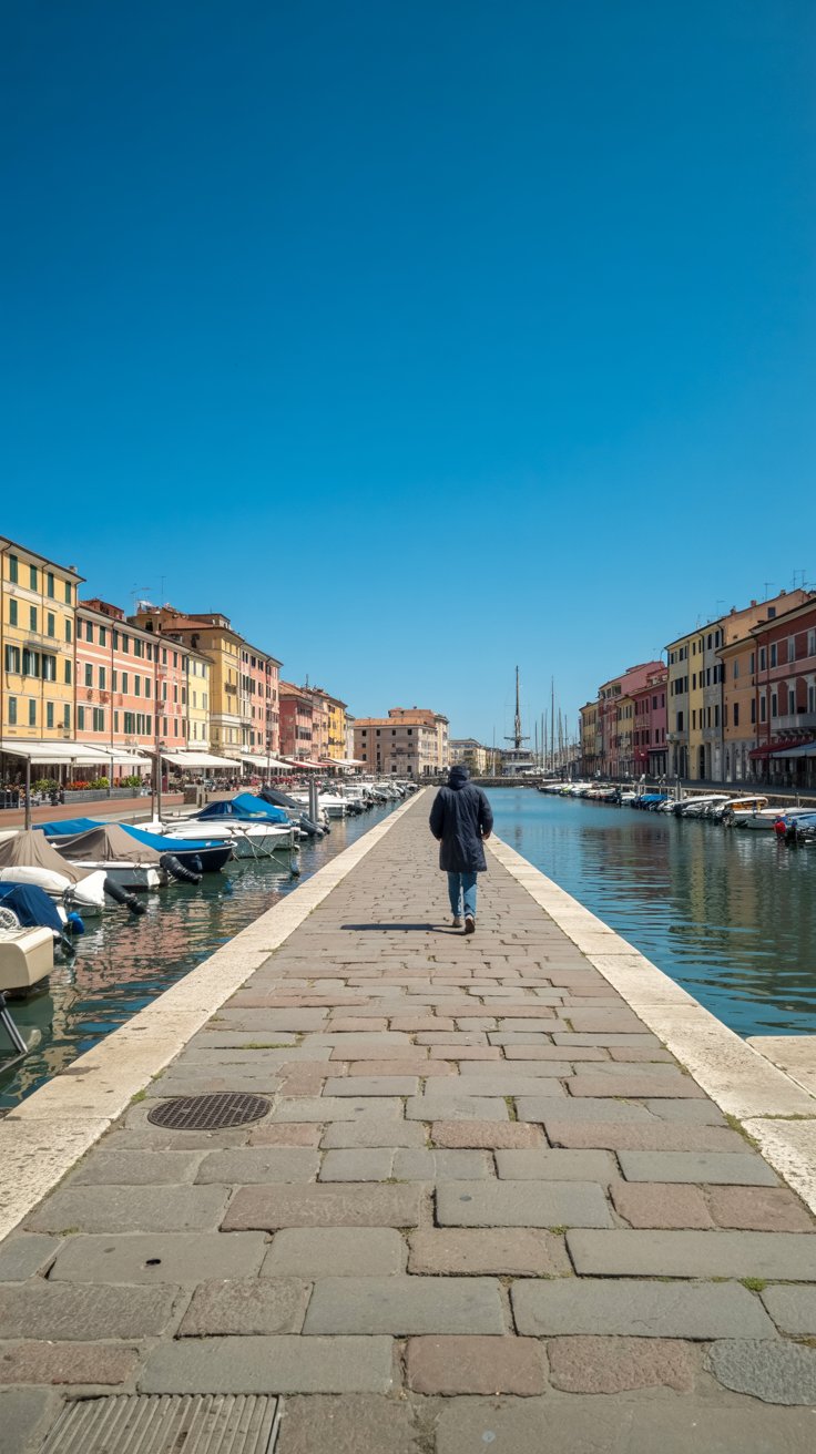 A bright sunny day casts clear shadows as a cobbled street leads from Livorno Port, with a lone traveler walking toward the city center; colorful buildings and moored boats line the calm canal under a crisp blue sky.