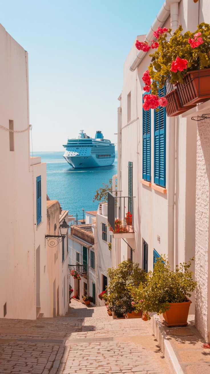 A photograph of a charming cobblestone street in Ibiza Old Town, bathed in the warm glow of a bright sunny day. The street is lined with traditional whitewashed buildings adorned with vibrant blue shutters and overflowing terracotta flower pots filled with red geraniums. In the distance, a large cruise ship rests serenely in the turquoise Mediterranean Sea, providing a contrasting modern element to the historic scene. The sunlight casts long, soft shadows, highlighting the texture of the ancient stones and creating a peaceful, inviting atmosphere.