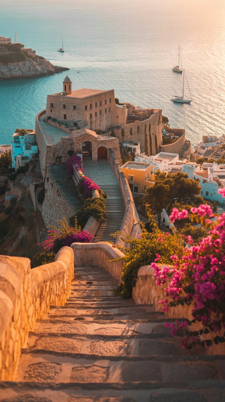 A photograph of Ibiza Town's iconic Dalt Vila fortress perched atop a hill, bathed in the golden light of a summer sunset. The ancient stone walls and cobblestone pathways wind upwards, dotted with vibrant bougainvillea flowers in shades of pink and purple. Below, the turquoise Mediterranean Sea sparkles in the distance, while a few sailboats gently glide across the water. Warm sunlight creates long shadows, highlighting the textured surfaces and adding a sense of timelessness to the scene.