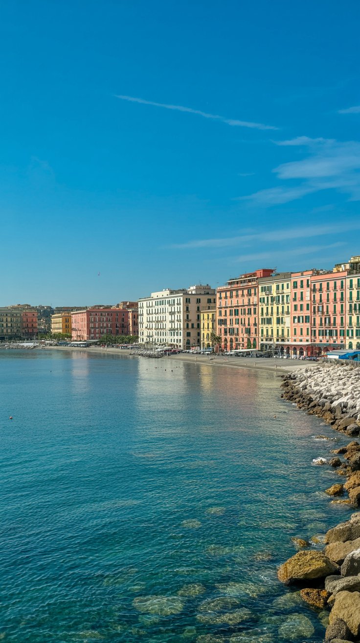 A crystal-clear view of Naples' coastline under a brilliant blue sky, with sunlight glinting off gentle waves and pastel buildings glowing in the warmth.