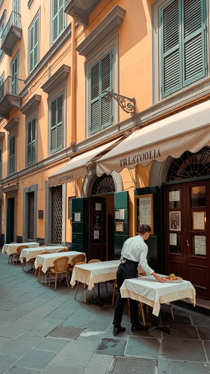 A bright, sunlit alley near the Naples cruise port, with a small trattoria set beneath worn green shutters—white tablecloths catching the light, and a waiter in black apron placing a dish on a table outside.