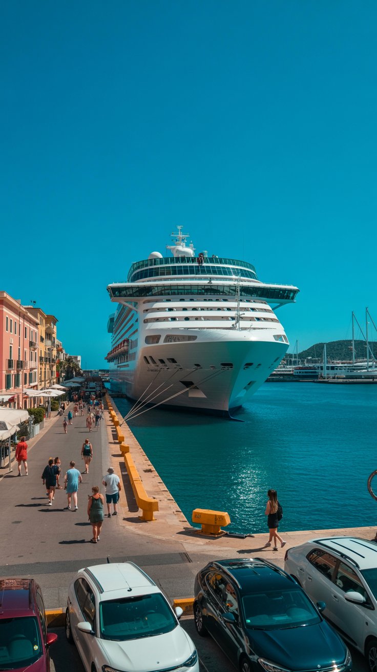 A photograph of the vibrant Ibiza port, dominated by a large, modern cruise ship docked in the foreground. The ship’s white hull gleams under the bright sunlight, contrasting with the turquoise water of the harbor and the colorful buildings lining the waterfront. Tourists stroll along the promenade, adding life to the scene while cars are neatly parked in designated spaces, visible in the background. The sky is a clear, cloudless blue, creating a sense of warmth and inviting relaxation.
