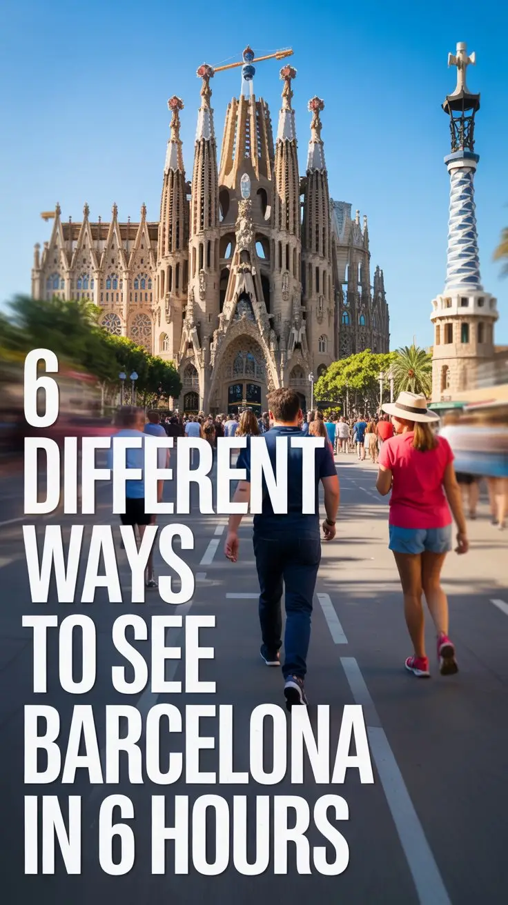 A vibrant lifestyle advertisement showcasing Barcelona’s iconic architecture and bustling city life, designed to entice travelers to explore the city quickly. The image features a panoramic view of the Sagrada Familia and Park Güell interwoven with glimpses of vibrant street scenes and a sunny coastline, captured during golden hour with warm, inviting light. Overlayed on the left side of the frame, in a bold, modern font, is the text “6 Different Ways to See Barcelona in 6 Hours,” seamlessly integrated into the scene without obscuring the cityscape. The overall aesthetic is energetic and optimistic, reflecting the excitement of spontaneous discovery and quick exploration, emphasizing the ease and accessibility of experiencing Barcelona's best sights.