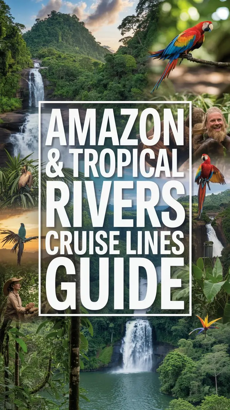 A vibrant lifestyle advertisement for Amazon & Tropical Rivers Cruise Lines showcasing a diverse collage of lush rainforest imagery – cascading waterfalls, dense jungle foliage, colorful macaws in flight, and glimpses of indigenous wildlife – all unified under a central, prominent graphic element. The large box containing "Amazon & Tropical Rivers Cruise Lines Guide" is positioned diagonally across the composition, using thick, bold white lettering against a blurred background of the collage, creating immediate visual impact and readability. Soft, diffused lighting enhances the vibrancy of the rainforest scenes, fostering a sense of adventure and exotic escape, while the overall aesthetic aims for a dynamic, energetic feel that aligns with a premium travel experience. The advertisement conveys a sense of discovery and immersion in nature, subtly suggesting the guide is essential for navigating and appreciating the beauty of the Amazon and its rivers.