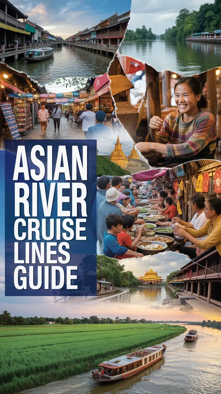 A vibrant, collage-style advertisement for Asian River Cruise Lines showcases a dynamic composition of images representing diverse cultural landscapes along Asian rivers, including bustling markets in Vietnam, serene temples in Thailand, and lush rice paddies in China. The collage features photographs of local artisans crafting traditional goods, vibrant street food scenes, and picturesque river landscapes captured with warm, natural lighting and rich, saturated colors, evoking a sense of adventure and cultural immersion. A large, bold box in the upper left corner prominently displays the text "Asian River Cruise Lines Guide" in striking white lettering, ensuring immediate attention, while the overall aesthetic is modern and inviting, designed to inspire travel and exploration along Asia's majestic rivers.