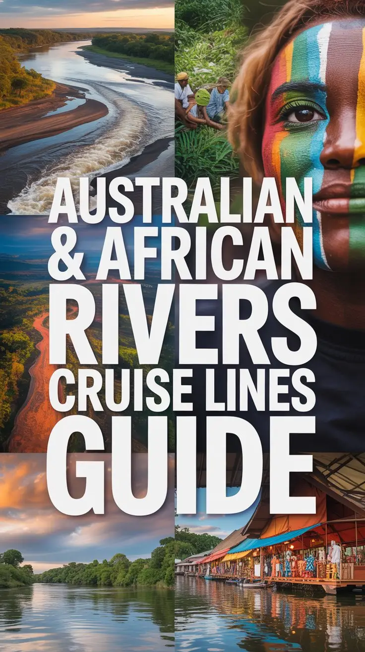 A striking product advertisement showcasing a vibrant collage representing "Australian & African Rivers Cruise Lines Guide," designed to evoke a sense of adventure and exploration. The collage features a series of close-up photographs: the swirling patterns of the Zambezi River rapids, lush Australian rainforest foliage, colorful local African markets, and a close-up shot of a traditional Australian Aboriginal painting reflecting river landscapes, all blended seamlessly. Overlaying this visual richness is a large, bold white box containing the text "Australian & African Rivers Cruise Lines Guide" in thick, easily-readable lettering, strategically placed to immediately draw the viewer's eye while the images create a sense of immersive discovery. The overall aesthetic is bright, energetic, and visually engaging, emphasizing the unique experiences offered by the cruise lines with a clean, modern design to appeal to adventurous travelers.