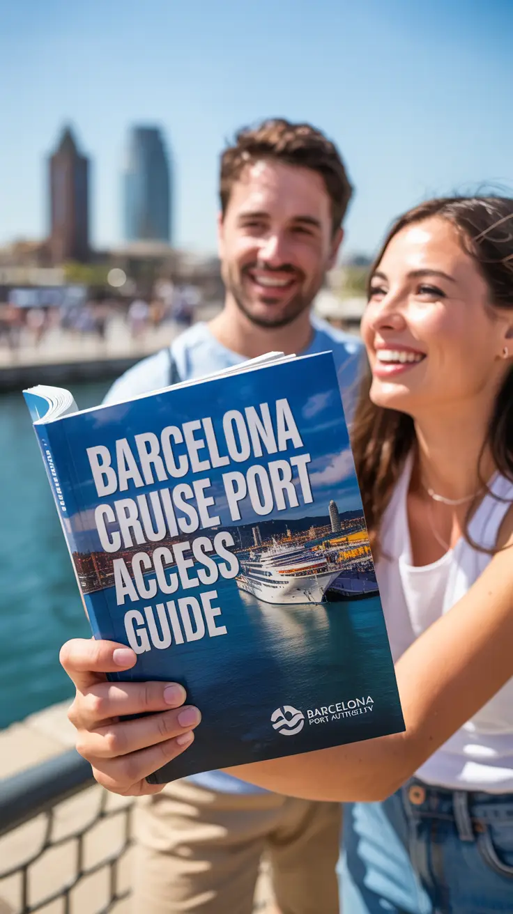 A vibrant lifestyle advertisement showcasing the Barcelona Cruise Port Access Guide, presented as a sleek, modern guidebook held by a smiling tourist couple overlooking the bustling port. The scene captures a bright, sunny day with the iconic Barcelona skyline visible in the background, utilizing a shallow depth of field to focus on the couple and the guidebook, with warm, inviting lighting highlighting the city's vibrant atmosphere. The guidebook prominently displays the large text overlay: "Barcelona Cruise Port Access Guide" and a subtle logo indicating a partnership with the Barcelona Port Authority, conveying ease of navigation and a welcoming travel experience with a bright, optimistic aesthetic.