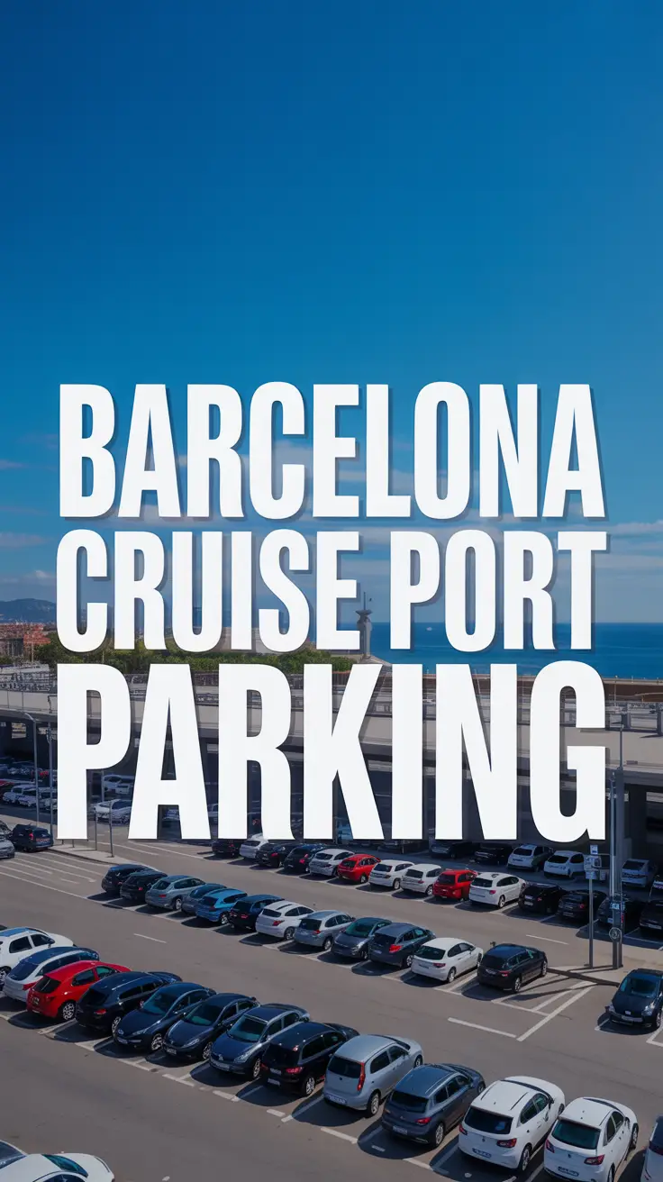 A vibrant product shot advertisement for Barcelona Cruise Port Parking featuring a wide, modern parking facility with rows of cars neatly parked under a bright, sunny sky. The clean, well-lit environment includes vibrant blue skies and a hint of the Mediterranean Sea in the background, emphasizing convenience and efficiency. A slightly elevated perspective conveys scale and accessibility, with bold white text reading “Barcelona Cruise Port Parking” overlaying the top portion of the image, creating a welcoming and reliable atmosphere for cruise travelers.