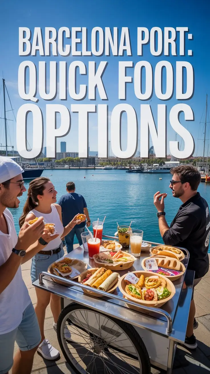 A vibrant lifestyle advertisement showcasing the energy of Barcelona Port, centered around a selection of diverse quick food options available to visitors. The scene captures a sunny day overlooking the bustling harbor, with a stylish food cart displaying colorful wraps, pastries, and refreshing drinks arranged artfully against the backdrop of docked sailboats and the city skyline, bathed in warm, golden light. A few casually dressed individuals are enjoying their food, emphasizing the convenience and enjoyment of a quick bite while experiencing the vibrant atmosphere, with the very large text overlay “"Barcelona Port: Quick Food Options"” prominently displayed across the top of the image in a modern, bold font, perfectly blending into the vibrant and energetic scene. The overall aesthetic is bright, cheerful, and inviting, creating a sense of spontaneous discovery and deliciousness synonymous with the Barcelona Port experience.